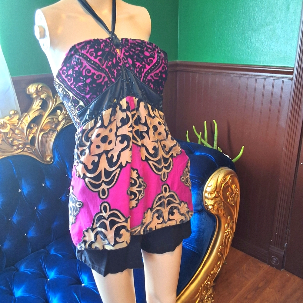 Burned velvet applique club top beads halter